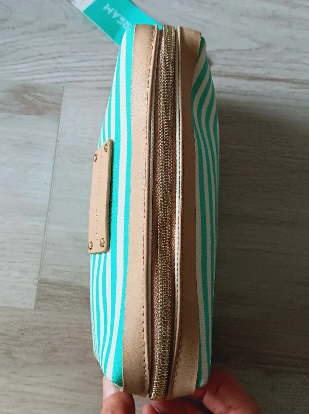 Victoria's Secret Pure Daydream Cosmetics Bag Striped Faux Leather Aqua White